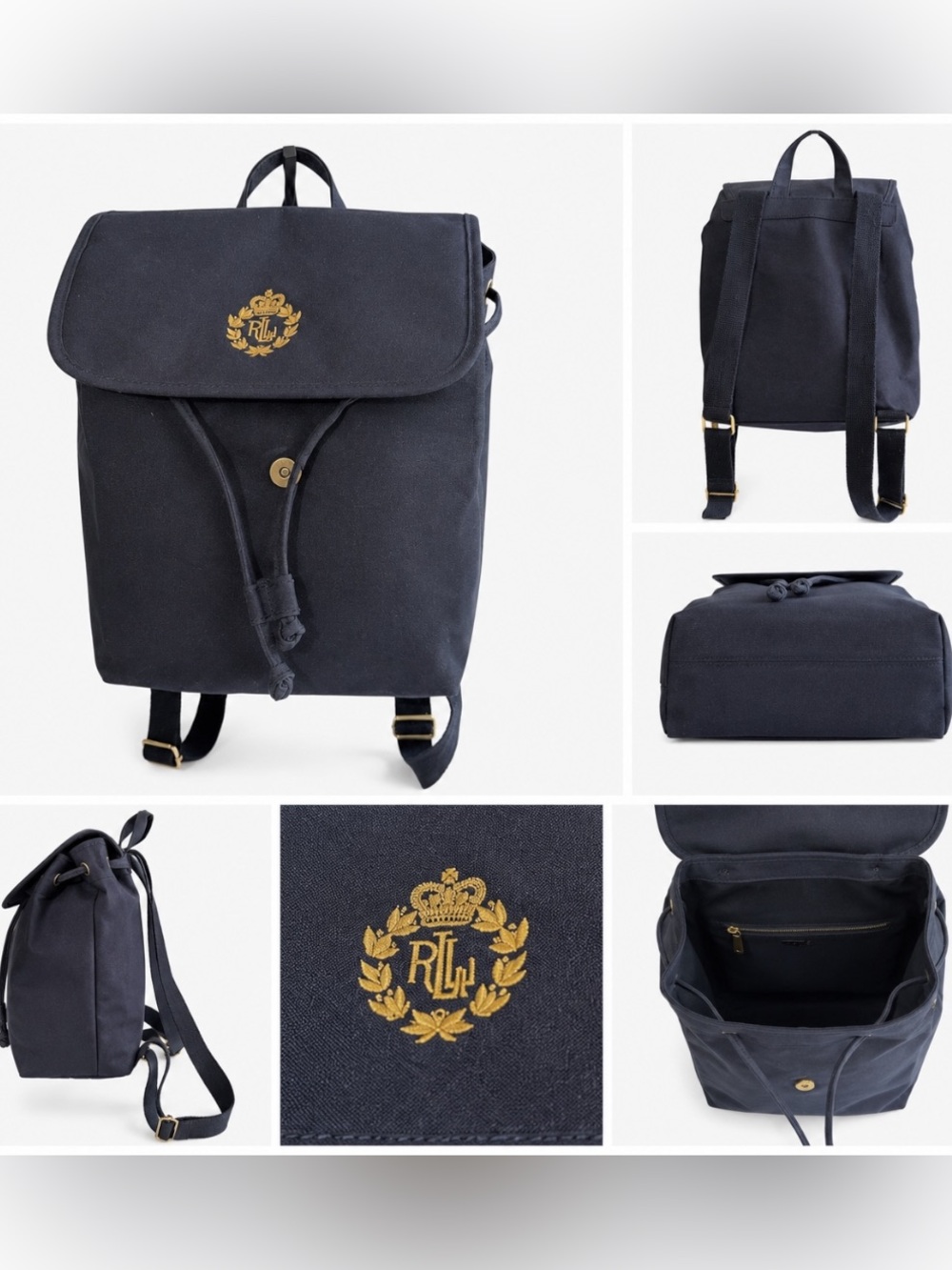 Vintage Lauren Ralph Lauren Black Drawstring Backpack Gold Crest Logo Preppy Bag